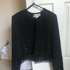 Vintage black beaded bolero style fringed evening jacket